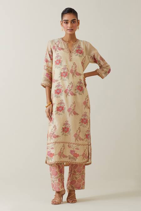 Buy Kora Beige Tissue, Cotton, Chanderi Embroidery, Sequins Printed Kurta Pant Set Online at Aza Fashions Buy_Kora_Beige Tissue, Cotton, Chanderi Embroidery, Sequins Printed Kurta Pant Set _Online_at_Aza_Fashions