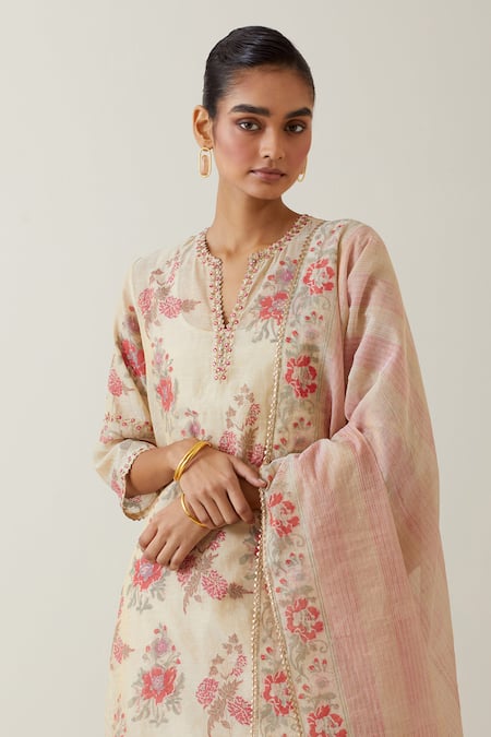 Buy Kora Beige Tissue, Cotton, Chanderi Embroidery, Sequins Printed Kurta Pant Set Buy_Kora_Beige Tissue, Cotton, Chanderi Embroidery, Sequins Printed Kurta Pant Set