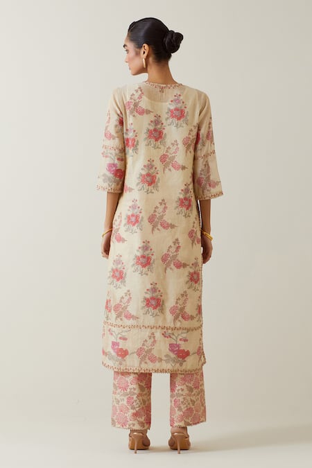 Shop Kora Beige Tissue, Cotton, Chanderi Embroidery, Sequins Printed Kurta Pant Set at Aza Fashions Shop_Kora_Beige Tissue, Cotton, Chanderi Embroidery, Sequins Printed Kurta Pant Set _at_Aza_Fashions