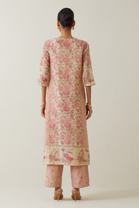 Shop Kora Beige Tissue, Cotton, Chanderi Sequins, Floral Print Straight Kurta Pant Set at Aza Fashions Shop_Kora_Beige Tissue, Cotton, Chanderi Sequins, Floral Print Straight Kurta Pant Set _at_Aza_Fashions
