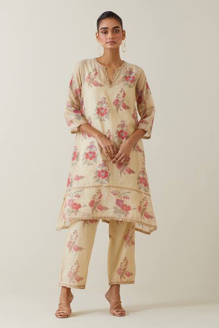 Buy Kora Beige Cotton, Tissue, Chanderi Embroidery, Gota Short Printed Kurta Pant Set Online at Aza Fashions Buy_Kora_Beige Cotton, Tissue, Chanderi Embroidery, Gota Short Printed Kurta Pant Set _Online_at_Aza_Fashions