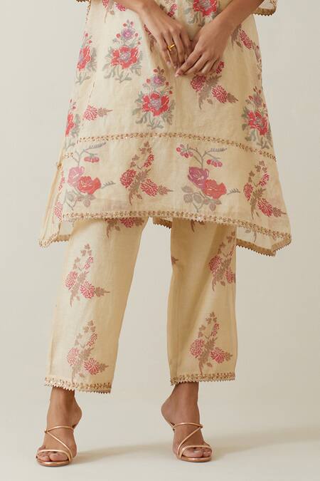 Shop Kora Beige Cotton, Tissue, Chanderi Embroidery, Gota Short Printed Kurta Pant Set Online at Aza Fashions Shop_Kora_Beige Cotton, Tissue, Chanderi Embroidery, Gota Short Printed Kurta Pant Set _Online_at_Aza_Fashions
