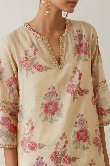 Kora Beige Cotton, Tissue, Chanderi Embroidery, Gota Short Printed Kurta Pant Set at Aza Fashions Kora_Beige Cotton, Tissue, Chanderi Embroidery, Gota Short Printed Kurta Pant Set _at_Aza_Fashions