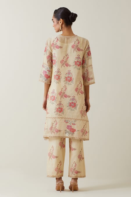 Shop Kora Beige Cotton, Tissue, Chanderi Embroidery, Gota Short Printed Kurta Pant Set at Aza Fashions Shop_Kora_Beige Cotton, Tissue, Chanderi Embroidery, Gota Short Printed Kurta Pant Set _at_Aza_Fashions