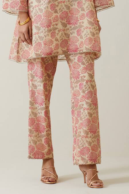 Kora Beige Tissue, Chanderi, Cotton Embroidery Split V-neck Printed Kurta Pant Set Online at Aza Fashions Kora_Beige Tissue, Chanderi, Cotton Embroidery Split V-neck Printed Kurta Pant Set _Online_at_Aza_Fashions