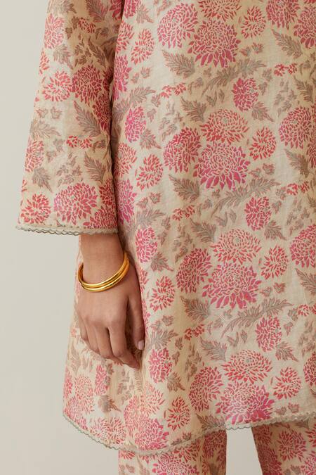 Kora Beige Tissue, Chanderi, Cotton Embroidery Split V-neck Printed Kurta Pant Set at Aza Fashions Kora_Beige Tissue, Chanderi, Cotton Embroidery Split V-neck Printed Kurta Pant Set _at_Aza_Fashions