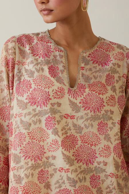 Buy Kora Beige Tissue, Chanderi, Cotton Embroidery Split V-neck Printed Kurta Pant Set Buy_Kora_Beige Tissue, Chanderi, Cotton Embroidery Split V-neck Printed Kurta Pant Set