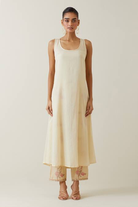 Kora Beige Chanderi, Cotton, Tissue Embroidery, Tassels Printed Anarkali Pant Set Online at Aza Fashions Kora_Beige Chanderi, Cotton, Tissue Embroidery, Tassels Printed Anarkali Pant Set _Online_at_Aza_Fashions