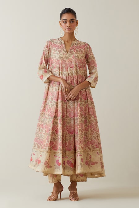 Buy Kora Beige Chanderi, Cotton, Tissue Embroidery, Tassels Printed Anarkali Pant Set Online at Aza Fashions Buy_Kora_Beige Chanderi, Cotton, Tissue Embroidery, Tassels Printed Anarkali Pant Set _Online_at_Aza_Fashions