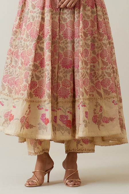 Shop Kora Beige Chanderi, Cotton, Tissue Embroidery, Tassels Printed Anarkali Pant Set Online at Aza Fashions Shop_Kora_Beige Chanderi, Cotton, Tissue Embroidery, Tassels Printed Anarkali Pant Set _Online_at_Aza_Fashions