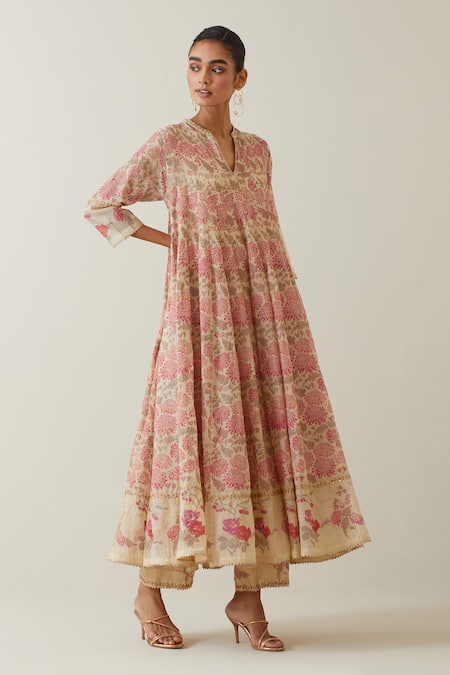 Kora Beige Chanderi, Cotton, Tissue Embroidery, Tassels Printed Anarkali Pant Set at Aza Fashions Kora_Beige Chanderi, Cotton, Tissue Embroidery, Tassels Printed Anarkali Pant Set _at_Aza_Fashions