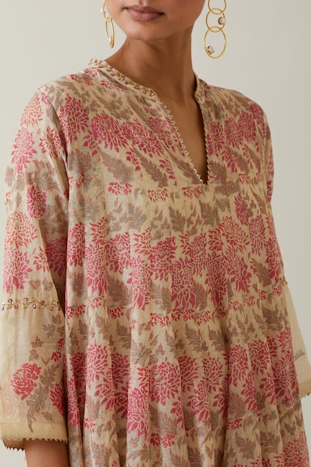 Buy Kora Beige Chanderi, Cotton, Tissue Embroidery, Tassels Printed Anarkali Pant Set Buy_Kora_Beige Chanderi, Cotton, Tissue Embroidery, Tassels Printed Anarkali Pant Set