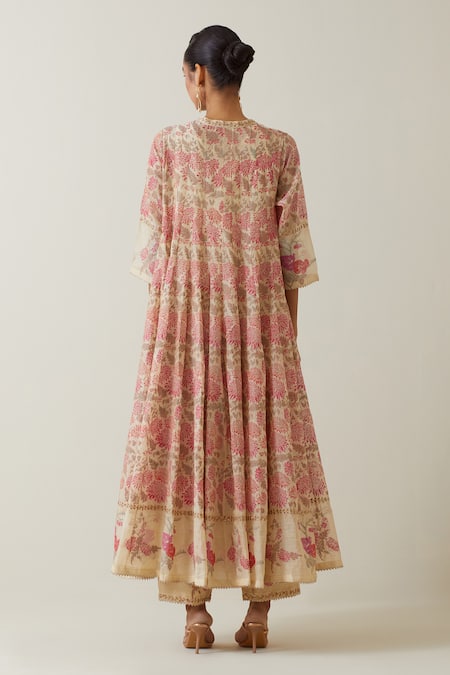 Shop Kora Beige Chanderi, Cotton, Tissue Embroidery, Tassels Printed Anarkali Pant Set at Aza Fashions Shop_Kora_Beige Chanderi, Cotton, Tissue Embroidery, Tassels Printed Anarkali Pant Set _at_Aza_Fashions