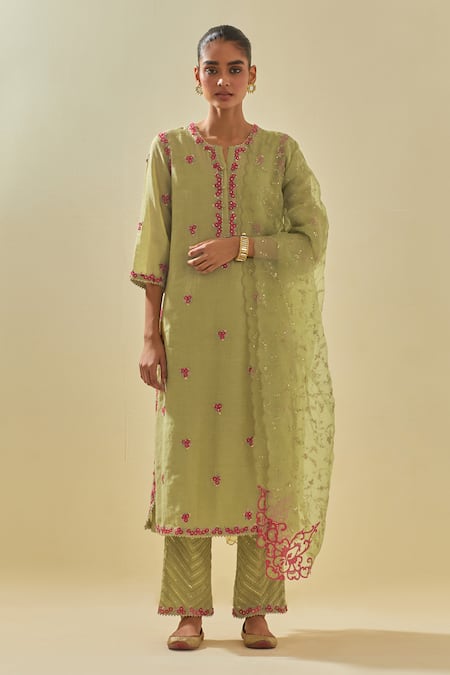 KORA Floral Applique Embellished Kurta Pant Set 