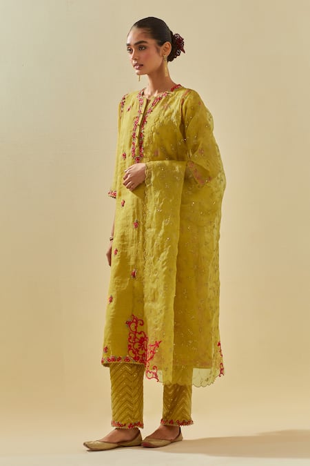 Kora Yellow Tissue, Chanderi, Silk Organza Applique Embellished Kurta Pant Set at Aza Fashions Kora_Yellow Tissue, Chanderi, Silk Organza Applique Embellished Kurta Pant Set _at_Aza_Fashions
