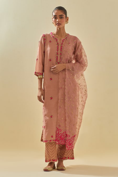 KORA Pink Dupatta Silk Organza Blossom Applique Embellished Kurta Pant Set  