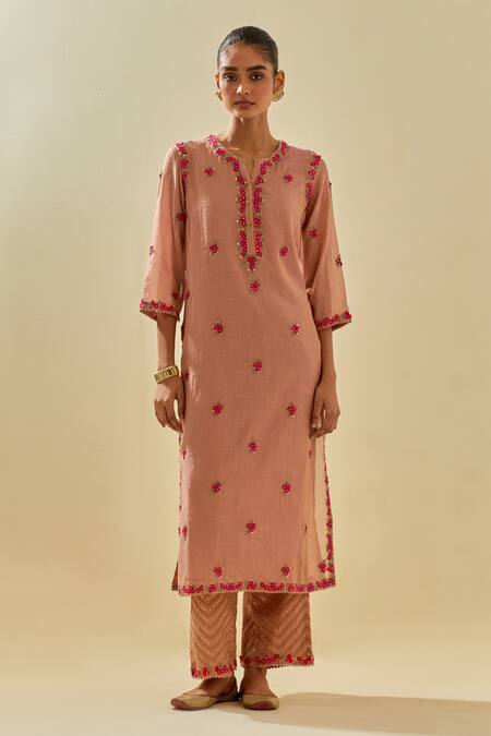 Kora Pink Chanderi, Silk Organza, Tissue Sequins, Blossom Embellished Kurta Pant Set Online at Aza Fashions Kora_Pink Chanderi, Silk Organza, Tissue Sequins, Blossom Embellished Kurta Pant Set _Online_at_Aza_Fashions