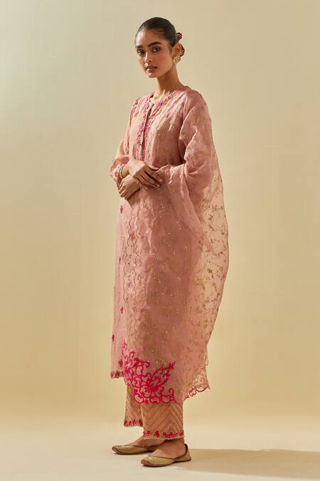 Shop Kora Pink Chanderi, Silk Organza, Tissue Sequins, Blossom Embellished Kurta Pant Set Online at Aza Fashions Shop_Kora_Pink Chanderi, Silk Organza, Tissue Sequins, Blossom Embellished Kurta Pant Set _Online_at_Aza_Fashions