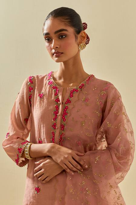 Kora Pink Chanderi, Silk Organza, Tissue Sequins, Blossom Embellished Kurta Pant Set at Aza Fashions Kora_Pink Chanderi, Silk Organza, Tissue Sequins, Blossom Embellished Kurta Pant Set _at_Aza_Fashions