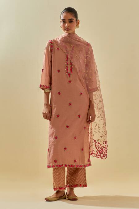 Buy Kora Pink Chanderi, Silk Organza, Tissue Sequins, Blossom Embellished Kurta Pant Set Buy_Kora_Pink Chanderi, Silk Organza, Tissue Sequins, Blossom Embellished Kurta Pant Set