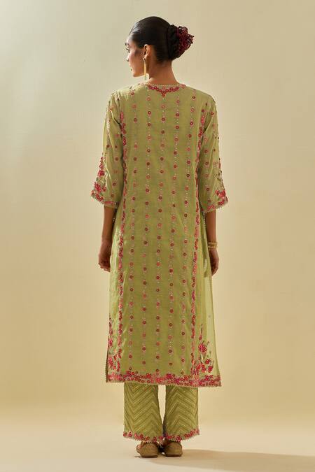 Shop Kora Green Tissue, Chanderi, Silk Organza Floral Applique Striped Kurta Pant Set at Aza Fashions Shop_Kora_Green Tissue, Chanderi, Silk Organza Floral Applique Striped Kurta Pant Set _at_Aza_Fashions