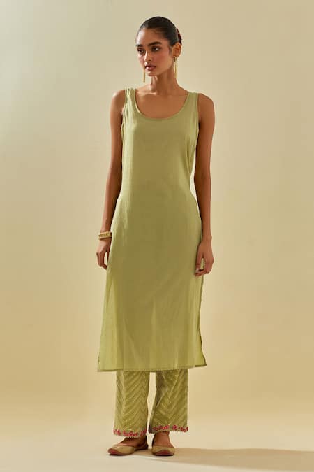 Kora Green Tissue, Chanderi, Silk Organza Floral Applique Striped Kurta Pant Set Online at Aza Fashions Kora_Green Tissue, Chanderi, Silk Organza Floral Applique Striped Kurta Pant Set _Online_at_Aza_Fashions