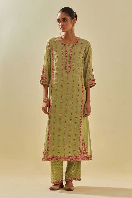 Buy Kora Green Tissue, Chanderi, Silk Organza Floral Applique Striped Kurta Pant Set Online at Aza Fashions Buy_Kora_Green Tissue, Chanderi, Silk Organza Floral Applique Striped Kurta Pant Set _Online_at_Aza_Fashions