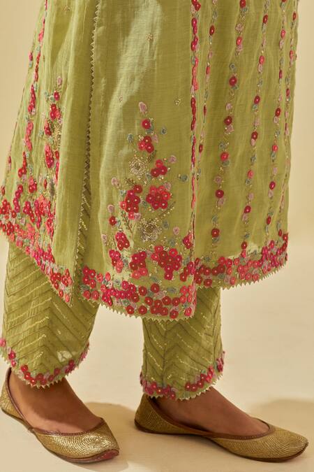 Shop Kora Green Tissue, Chanderi, Silk Organza Floral Applique Striped Kurta Pant Set Online at Aza Fashions Shop_Kora_Green Tissue, Chanderi, Silk Organza Floral Applique Striped Kurta Pant Set _Online_at_Aza_Fashions