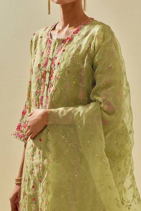 Kora Green Tissue, Chanderi, Silk Organza Floral Applique Striped Kurta Pant Set at Aza Fashions Kora_Green Tissue, Chanderi, Silk Organza Floral Applique Striped Kurta Pant Set _at_Aza_Fashions