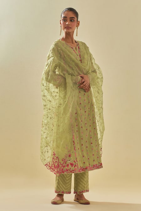 Buy Kora Green Tissue, Chanderi, Silk Organza Floral Applique Striped Kurta Pant Set Buy_Kora_Green Tissue, Chanderi, Silk Organza Floral Applique Striped Kurta Pant Set