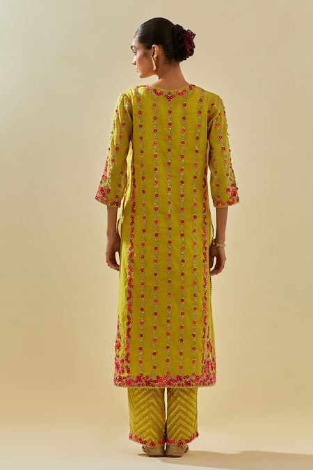 Shop Kora Yellow Tissue, Chanderi, Silk Organza Stripe Floral Applique Kurta Pant Set at Aza Fashions Shop_Kora_Yellow Tissue, Chanderi, Silk Organza Stripe Floral Applique Kurta Pant Set _at_Aza_Fashions