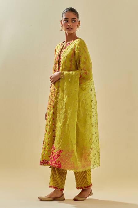 Kora Yellow Tissue, Chanderi, Silk Organza Stripe Floral Applique Kurta Pant Set Online at Aza Fashions Kora_Yellow Tissue, Chanderi, Silk Organza Stripe Floral Applique Kurta Pant Set _Online_at_Aza_Fashions
