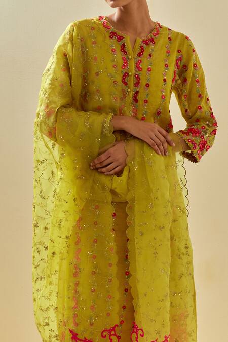 Shop Kora Yellow Tissue, Chanderi, Silk Organza Stripe Floral Applique Kurta Pant Set Online at Aza Fashions Shop_Kora_Yellow Tissue, Chanderi, Silk Organza Stripe Floral Applique Kurta Pant Set _Online_at_Aza_Fashions