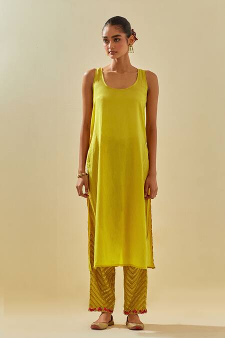 Kora Yellow Tissue, Chanderi, Silk Organza Stripe Floral Applique Kurta Pant Set at Aza Fashions Kora_Yellow Tissue, Chanderi, Silk Organza Stripe Floral Applique Kurta Pant Set _at_Aza_Fashions