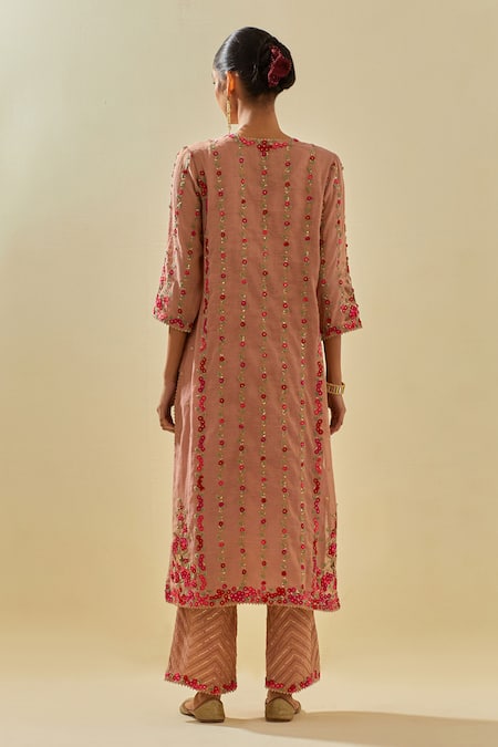 Shop Kora Pink Tissue, Chanderi, Silk Organza Beads, Zari, Flower Applique Kurta Pant Set at Aza Fashions Shop_Kora_Pink Tissue, Chanderi, Silk Organza Beads, Zari, Flower Applique Kurta Pant Set _at_Aza_Fashions