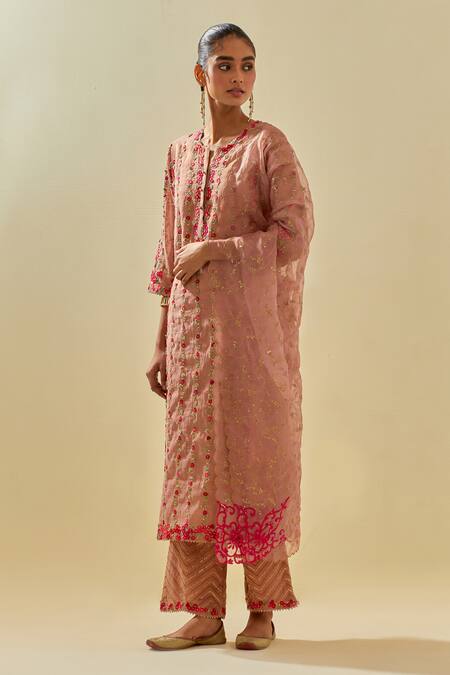 Buy Kora Pink Tissue, Chanderi, Silk Organza Beads, Zari, Flower Applique Kurta Pant Set Online at Aza Fashions Buy_Kora_Pink Tissue, Chanderi, Silk Organza Beads, Zari, Flower Applique Kurta Pant Set _Online_at_Aza_Fashions