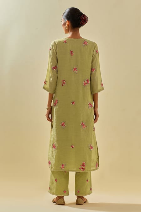 Shop Kora Green Tissue, Silk Organza, Cotton Flower Applique Cluster Kurta Pant Set at Aza Fashions Shop_Kora_Green Tissue, Silk Organza, Cotton Flower Applique Cluster Kurta Pant Set _at_Aza_Fashions