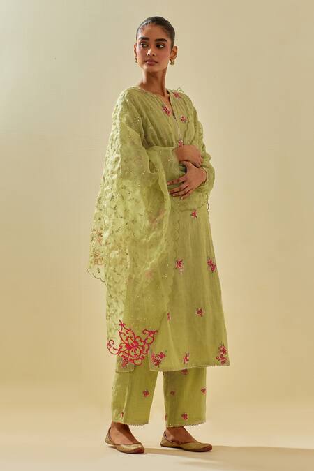 Kora Green Tissue, Silk Organza, Cotton Flower Applique Cluster Kurta Pant Set at Aza Fashions Kora_Green Tissue, Silk Organza, Cotton Flower Applique Cluster Kurta Pant Set _at_Aza_Fashions