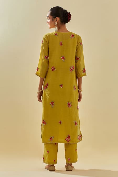 Shop Kora Yellow Tissue, Silk Organza, Cotton, Floral Applique Cluster Kurta Pant Set at Aza Fashions Shop_Kora_Yellow Tissue, Silk Organza, Cotton, Floral Applique Cluster Kurta Pant Set _at_Aza_Fashions