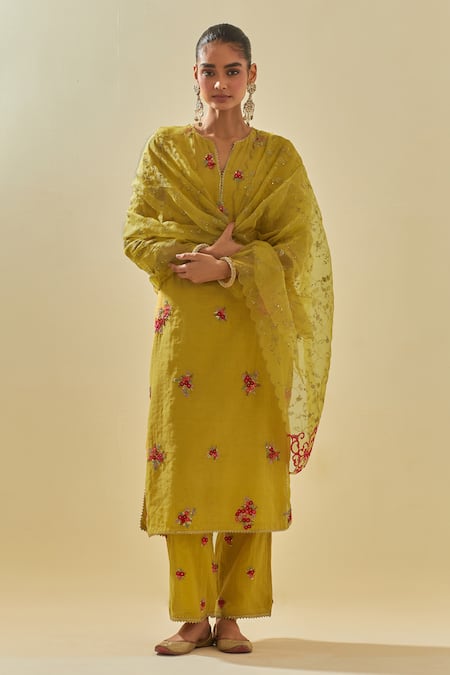 Kora Yellow Tissue, Silk Organza, Cotton, Floral Applique Cluster Kurta Pant Set at Aza Fashions Kora_Yellow Tissue, Silk Organza, Cotton, Floral Applique Cluster Kurta Pant Set _at_Aza_Fashions