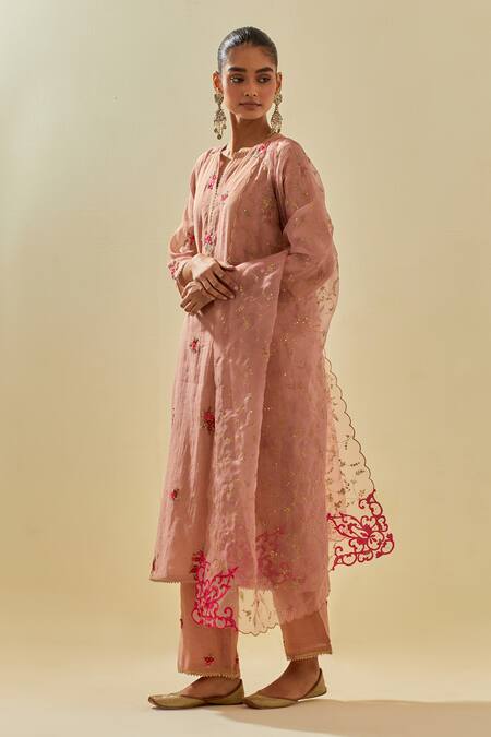 Shop Kora Pink Chanderi, Silk Organza, Tissue Sequins, Cluster Embellished Kurta Pant Set Online at Aza Fashions Shop_Kora_Pink Chanderi, Silk Organza, Tissue Sequins, Cluster Embellished Kurta Pant Set _Online_at_Aza_Fashions