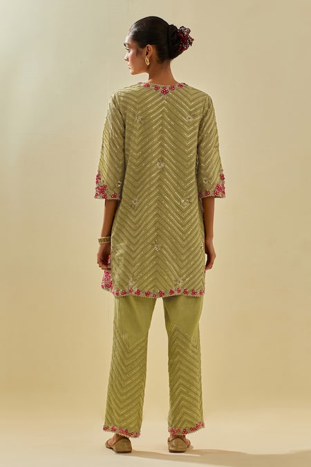 Shop Kora Green Tissue, Silk Organza, Cotton, Chevron Embroidered Short Kurta Pant Set at Aza Fashions Shop_Kora_Green Tissue, Silk Organza, Cotton, Chevron Embroidered Short Kurta Pant Set _at_Aza_Fashions