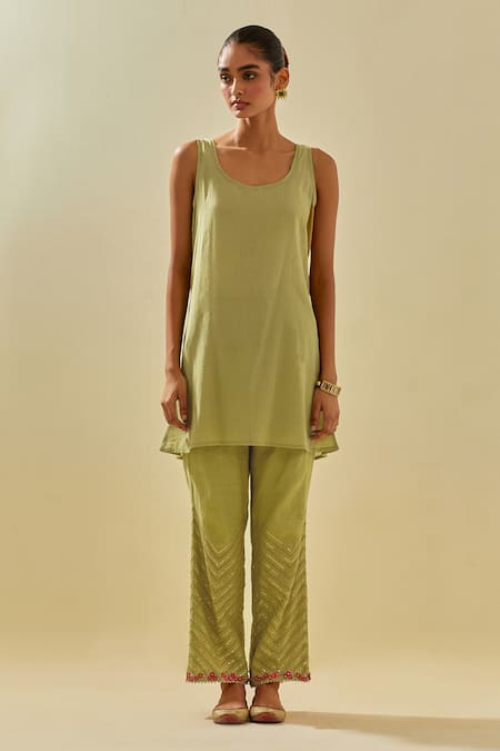 Kora Green Tissue, Silk Organza, Cotton, Chevron Embroidered Short Kurta Pant Set Online at Aza Fashions Kora_Green Tissue, Silk Organza, Cotton, Chevron Embroidered Short Kurta Pant Set _Online_at_Aza_Fashions