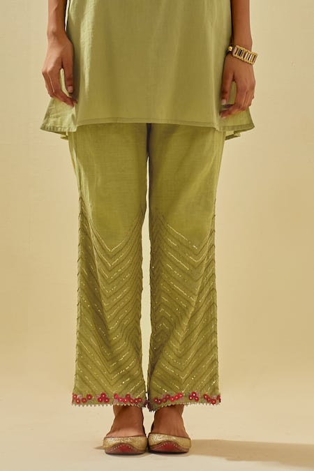 Buy Kora Green Tissue, Silk Organza, Cotton, Chevron Embroidered Short Kurta Pant Set Online at Aza Fashions Buy_Kora_Green Tissue, Silk Organza, Cotton, Chevron Embroidered Short Kurta Pant Set _Online_at_Aza_Fashions