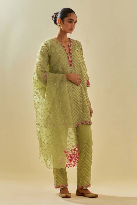Shop Kora Green Tissue, Silk Organza, Cotton, Chevron Embroidered Short Kurta Pant Set Online at Aza Fashions Shop_Kora_Green Tissue, Silk Organza, Cotton, Chevron Embroidered Short Kurta Pant Set _Online_at_Aza_Fashions