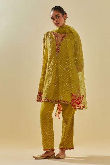 Kora Yellow Tissue, Chanderi, Silk Organza Embroidered Chevron Short Kurta Pant Set at Aza Fashions Kora_Yellow Tissue, Chanderi, Silk Organza Embroidered Chevron Short Kurta Pant Set _at_Aza_Fashions