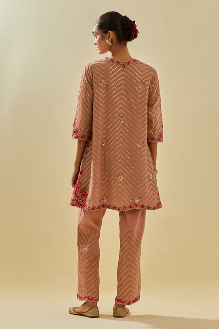 Shop Kora Pink Tissue, Chanderi, Silk Organza Chevron Embroidered Short Kurta Pant Set at Aza Fashions Shop_Kora_Pink Tissue, Chanderi, Silk Organza Chevron Embroidered Short Kurta Pant Set _at_Aza_Fashions