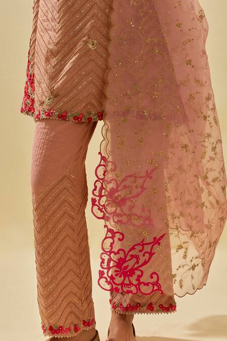 Shop Kora Pink Tissue, Chanderi, Silk Organza Chevron Embroidered Short Kurta Pant Set Online at Aza Fashions Shop_Kora_Pink Tissue, Chanderi, Silk Organza Chevron Embroidered Short Kurta Pant Set _Online_at_Aza_Fashions