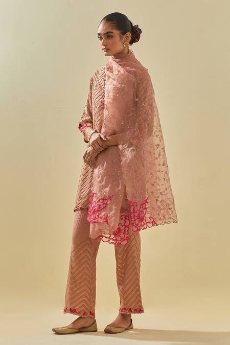 Kora Pink Tissue, Chanderi, Silk Organza Chevron Embroidered Short Kurta Pant Set at Aza Fashions Kora_Pink Tissue, Chanderi, Silk Organza Chevron Embroidered Short Kurta Pant Set _at_Aza_Fashions