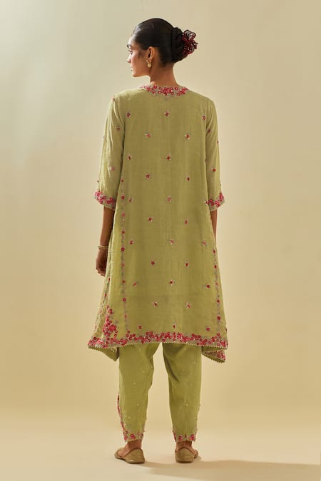 Shop_Kora_Green Silk Organza, Cotton, Floral Applique Embellished Kalidar Salwar Set _at_Aza_Fashions